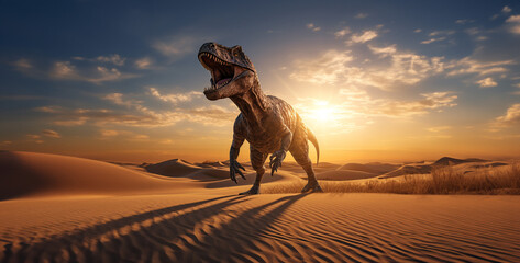 a t rex running towards the sun into the sand desert.Generative Ai content