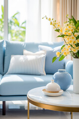A blue couch with pillows in a blue and white living room.