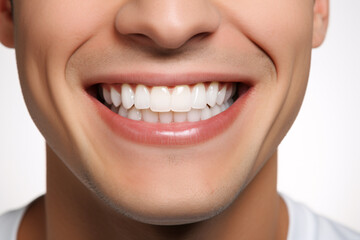 Naklejka premium Close up of young man's smile with white straight teeth