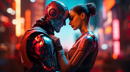 human and robot couple love and hug, robotic man and woman embrace and kiss, relationship of human and machine, artificial intelligence concept - obrazy, fototapety, plakaty