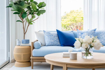 A blue couch with pillows in a blue and white living room.