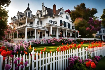 a colorful array of flowers, a white picket fence surrounds the most picturesque lawn in town.