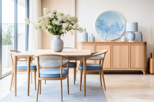 A dining room with blue chairs and a blue and white vase.