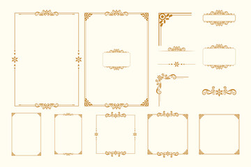 Set Of Golden Vintage ornament with border, frame, crown, ornate,  mandala and luxury elements, suitable for vintage design or wedding invitation card