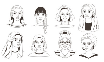 Set of sketch portraits of various young women. Avatars in doodle style for design. Collection of icons, black and white illustrations. Simple isolated vector of female faces.