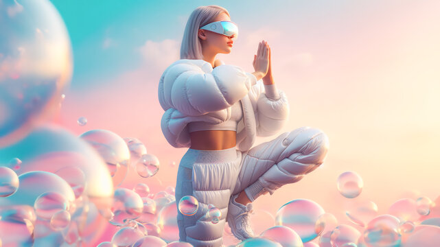 Young Woman Doing Yoga In Virtual Space. Metaverse Health And Wellness Concept.