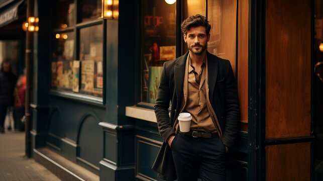 Busy handsome man standing in front of a café 