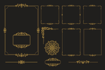 Set Of Golden Vintage ornament with border, frame, crown, ornate,  mandala and luxury elements, suitable for vintage design or wedding invitation card - obrazy, fototapety, plakaty