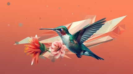 hummingbird isolated on orange background, leaf and flowers