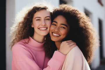 Two women smiling together outdoors. The concept is joyous friendship.