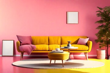 a spacious room, a pink wall. Bright, spacious room with a comfortable sofa of yellow color.