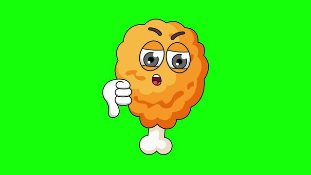 fried chicken cartoon with thumb-down hand, emoji green screen animation