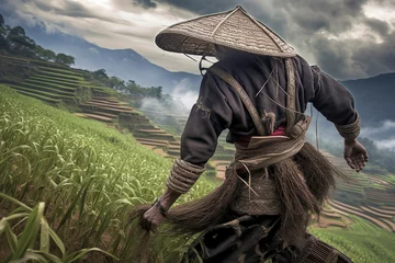 Cercles muraux Rizières person in traditional clothing is walking through a green, terraced rice field with mountains in the background, ai generative