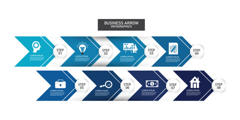 Arrow business model with 8 successive steps. eight colourful graphic elements. Timeline design for brochure, presentation