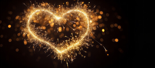Happy new year 2024, new year's eve, sylvester greeting card - Heart shape made of sparkling sparklers firework pyrotechnics, isolated on dark black night sky texture - obrazy, fototapety, plakaty