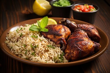 A tantalizing dish of Jamaican jerk chicken, complemented with rice and peas, and a hint of lime on...
