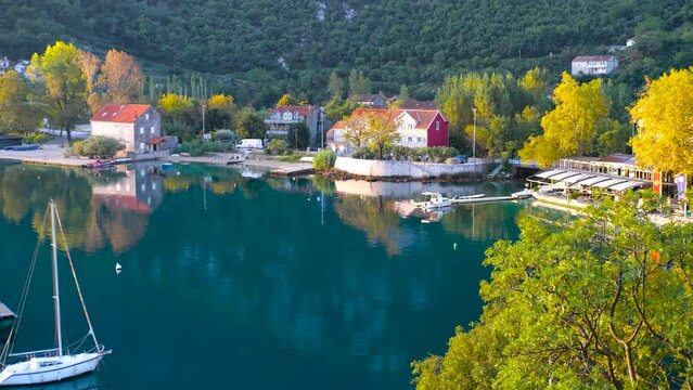 amazing boka kotorska view, water movement, reflection, autum velvet season in montenegro, balkans, adriatic coast, travel destination for relax and tranquility in nature, 
