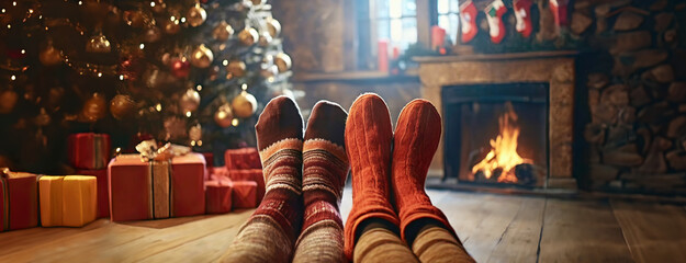 Couple in warm knitted socks by fireplace next to New Year's gift boxes on Christmas tree background. Cozy home interior on cold winter evenings. Panorama with copy space.