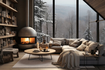 Living room decor modern ecolodge in Scandinavian style, interior design with fireplace, large panoramic windows