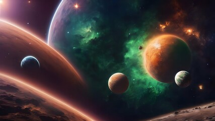 Fictional wallpaper of the space full of planets, stars and solar clouds which designed in many colors and random shapes and placements. AI Generated