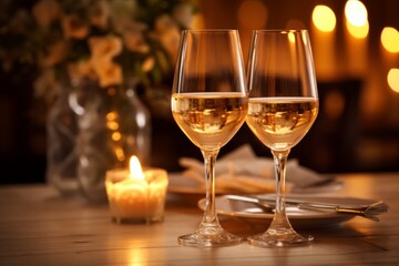 An intimate dinner setting showcasing a glass of white wine, highlighted by the soft flicker of candlelight