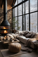 Living room decor in Scandinavian style, interior design with fireplace, large panoramic windows
