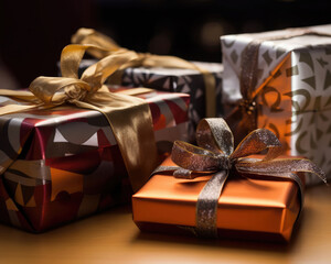 Christmas gift boxes with lovely ribbons. Christmas festivity tradition. 