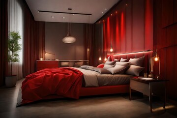 close up view ,Bedroom Where Pillows,  Plain on the Elegance, red Bed, Almirah, Console Table, LED Lighting.