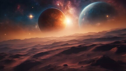 Fictional wallpaper of the space full of planets, stars and solar clouds which designed in many colors and random shapes and placements. AI Generated - obrazy, fototapety, plakaty