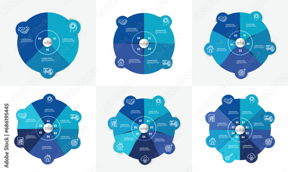 Poster set of infographic circle. process chart. vector diagram with 3-8 options. can be used for graph, pr