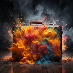 a colorful explosion of a suitcase