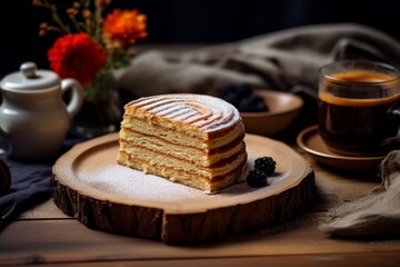 A traditional German Baumkuchen cake, perfectly baked with visible layers, served with a dusting of sugar and a warm cup of coffee