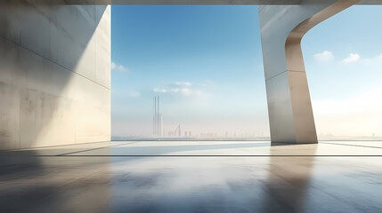 render of empty concrete room with large window on mountain background.