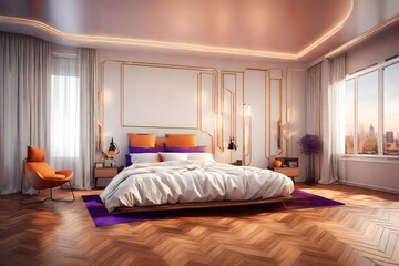 a luxury bedroom room ,  with hardwood flouring , with violet and orange background,  light mode, render photage