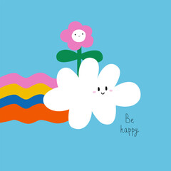 Cloud, rainbow and flower. Cute childish print. Vector hand drawn illustration. - 686195890