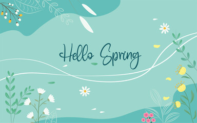 Fototapeta na wymiar Hello Spring hand drawn vector illustration. Season lettering for greeting card, poster, banner, invitation, brochure, voucher discount. Spring background with flower and leaf. Spring time.