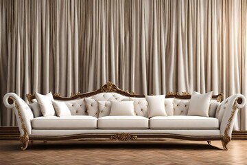 3D view, luxury sofa's of white color with brown back ground, curtain of silk.