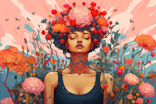 A young beautiful woman meditates and is overgrown with flowers