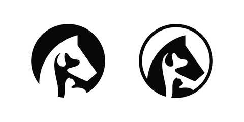 logo design combining the shape of a horse's head with a dog and cat, negative space logo. - obrazy, fototapety, plakaty