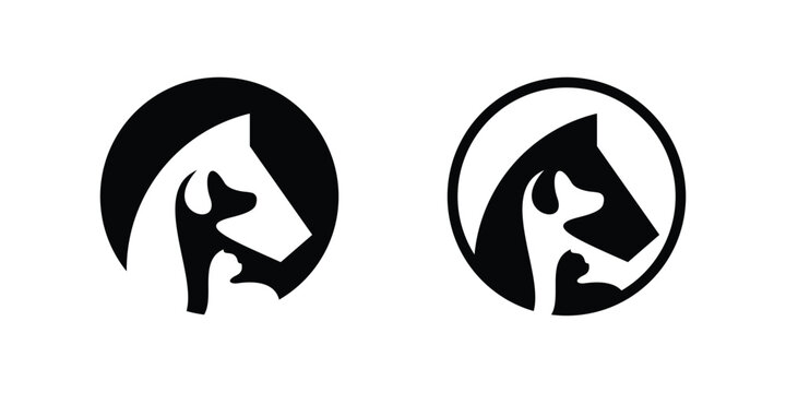 logo design combining the shape of a horse's head with a dog and cat, negative space logo.