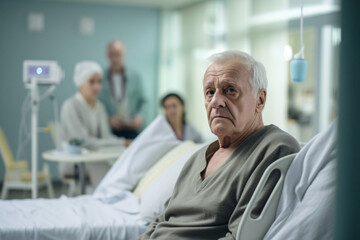 Obraz premium An old depressed male cancer patient lies in the hospital