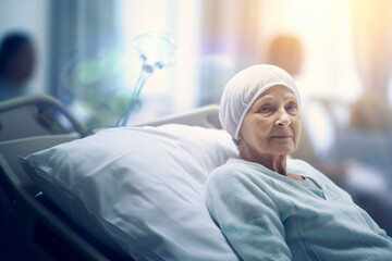 Obraz premium A strong old woman with cancer is lying in the hospital