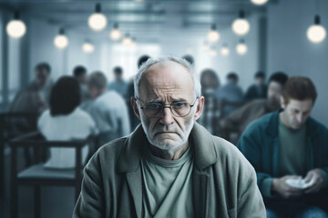 Obraz premium Old sad man with suspected alzheimer's or dementia children sent to a nursing home