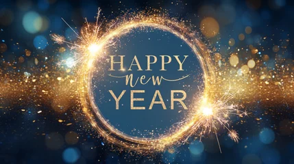Tuinposter Happy new year banner background illustration greeting card with text - Circle frame made of glowing glitter sparkling sparklers firework, isolated on texture with gold blue glitter bokeh particles © Corri Seizinger