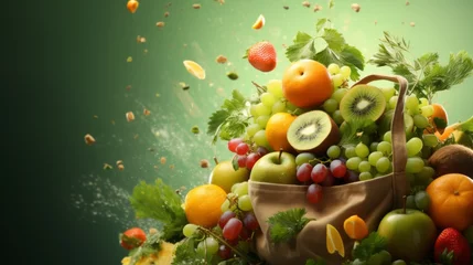 Rolgordijnen A paper bag with fruits flying out against a green background with copyspace for text Assorted vegetables and fruits are flying out of a paper bag, symbolizing vegan shopping © ND STOCK