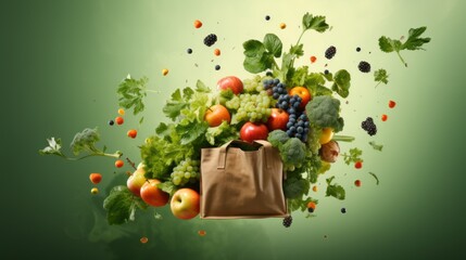 A paper bag with fruits flying out against a green background with copyspace for text Assorted vegetables and fruits are flying out of a paper bag, symbolizing vegan shopping - obrazy, fototapety, plakaty