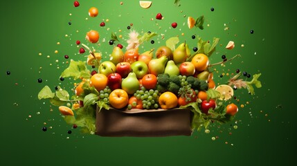 Obraz na płótnie Canvas A paper bag with fruits flying out against a green background with copyspace for text Assorted vegetables and fruits are flying out of a paper bag, symbolizing vegan shopping