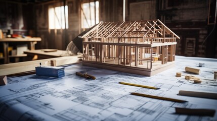 The blueprints of a residence on a worktable during the renovation, construction in progress