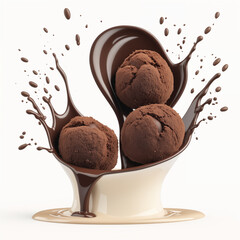 3D render of an isolated heart shaped Chocolate truffle with impactful Splash and chocolate drops and ripple cocoa powder and nuts and milk flow ice cream