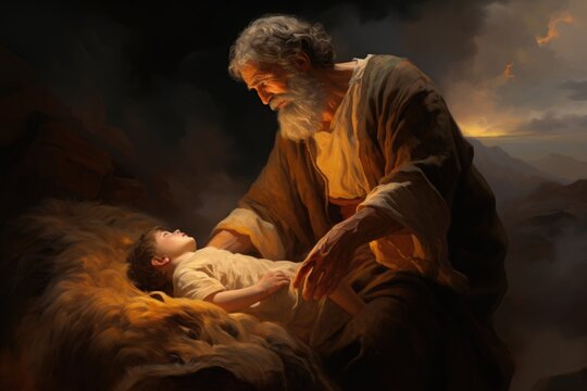 Abrahamic trial: tale of attempted sacrifice, Abraham's profound test faith obedience in offering Isaac to God on Mount Moriah, unraveling divine narrative of devotion and providential intervention.